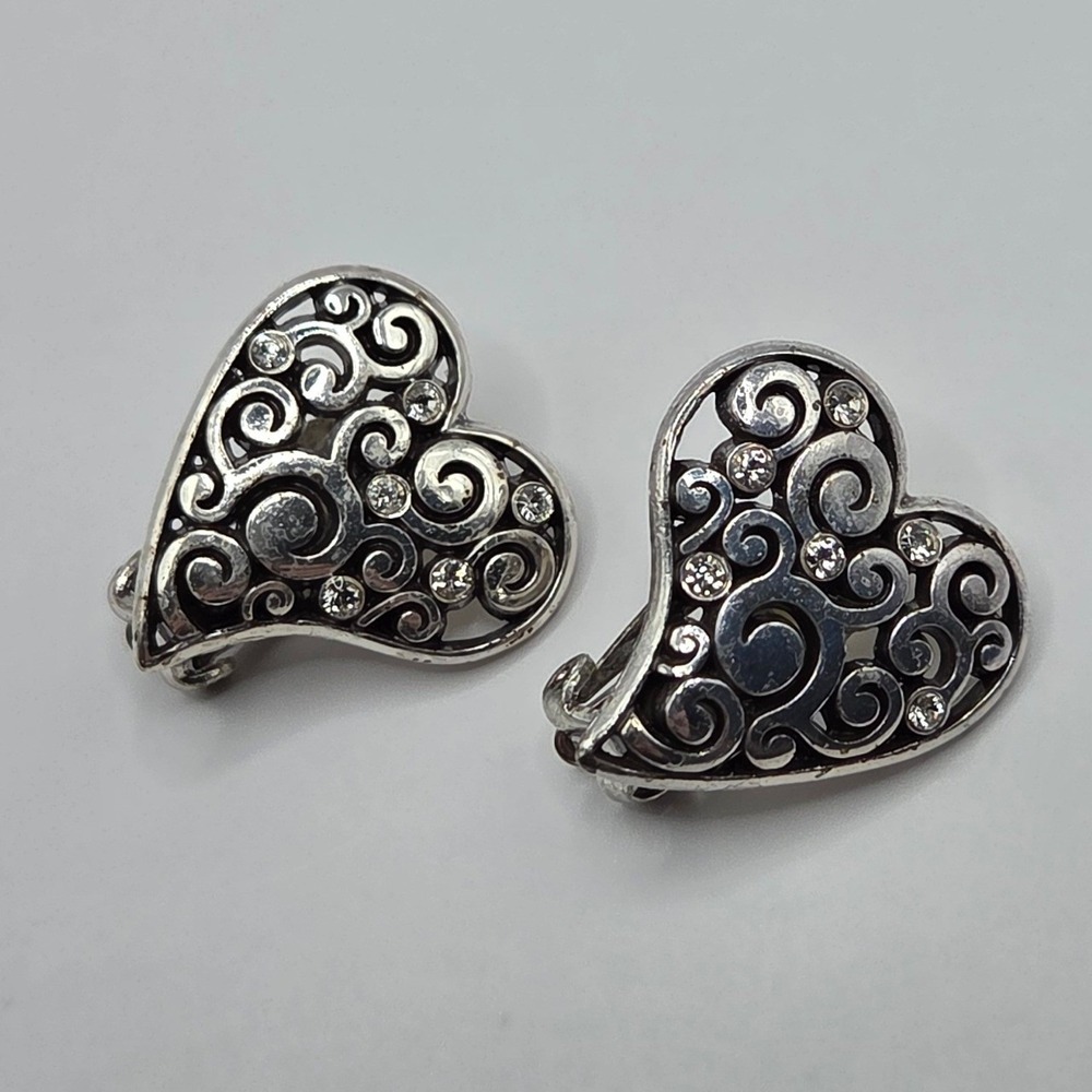 Brighton Contempo Heart Rhinestone Silver Tone Clip On Earrings Scroll Filigree